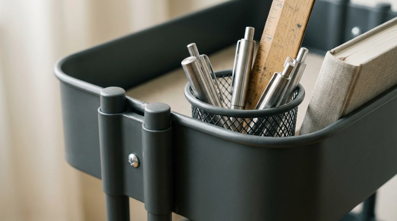 Macro shot of organized stationery in a rolling cart for small office spaces.