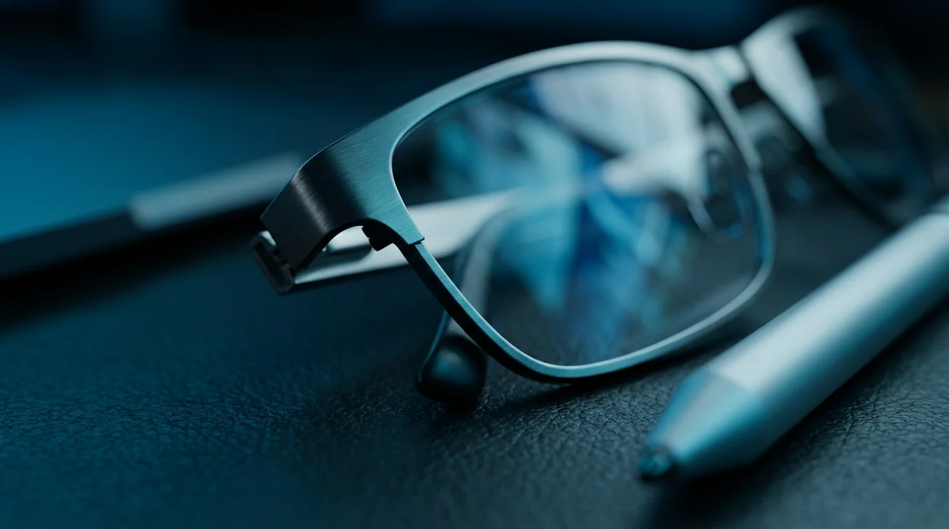 Macro shot of reading glasses and stylus on a desk with cool blue evening lighting.