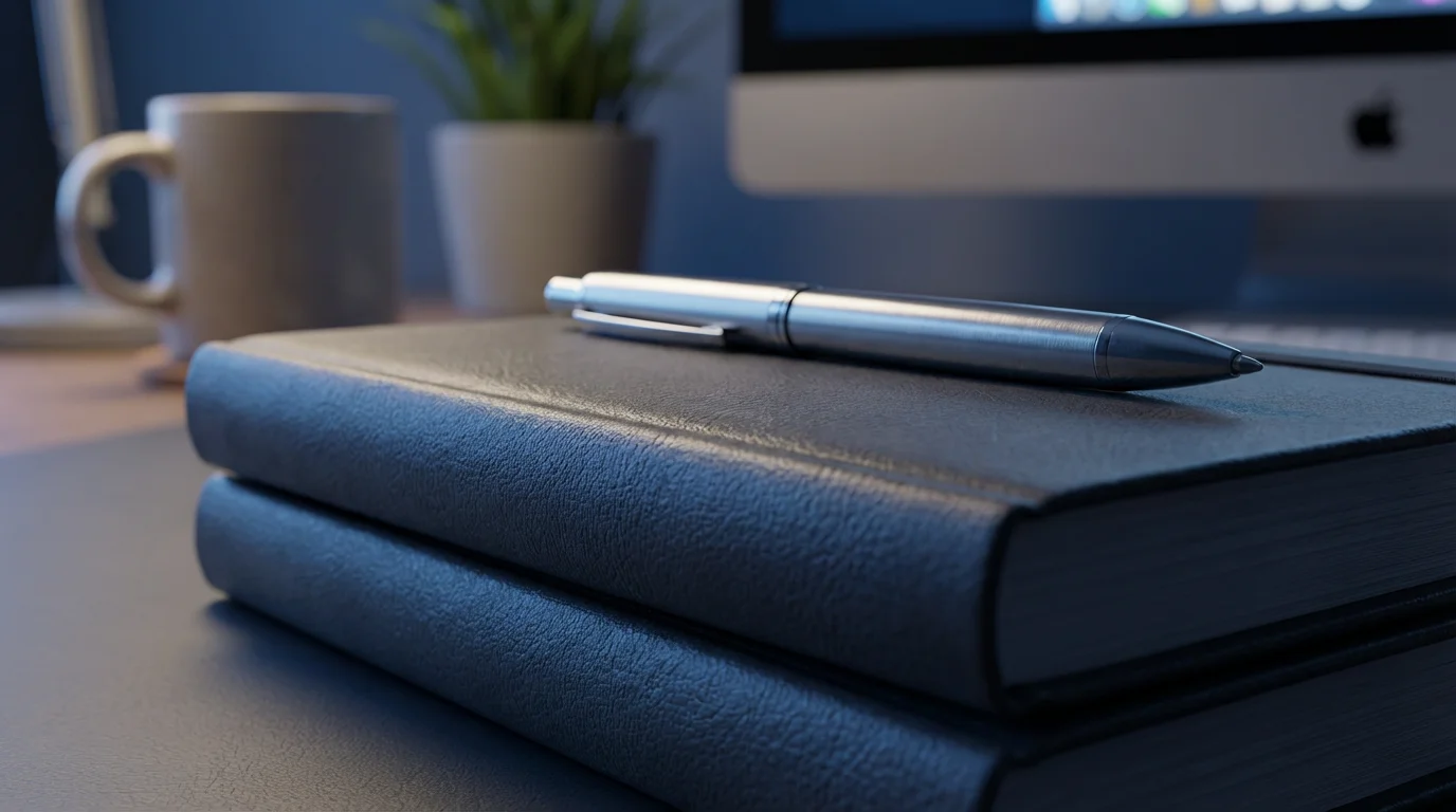 Macro shot of stacked notebooks and a pen on a desk under cool evening lighting