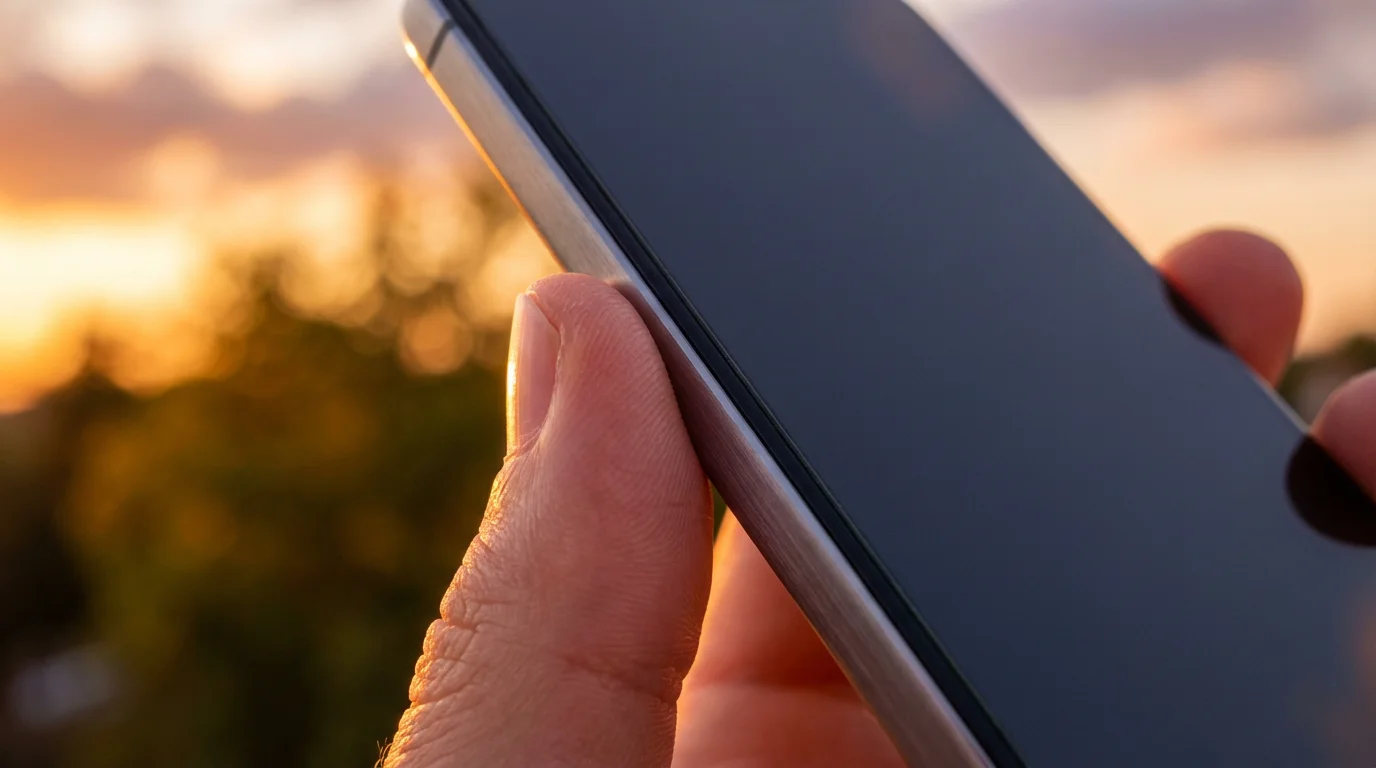 Macro view of hand holding smartphone backlit by warm golden hour sunset light