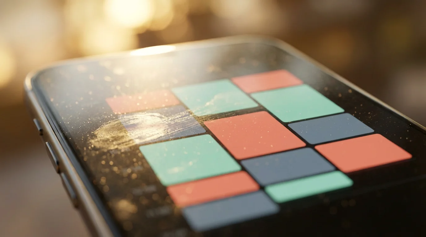 Macro view of smartphone screen showing abstract color-blocked calendar schedule in golden light.