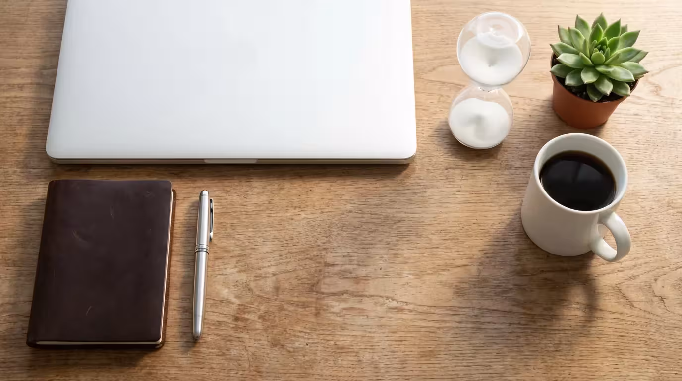 Minimalist desk flat lay with laptop, hourglass, and coffee in soft morning light.