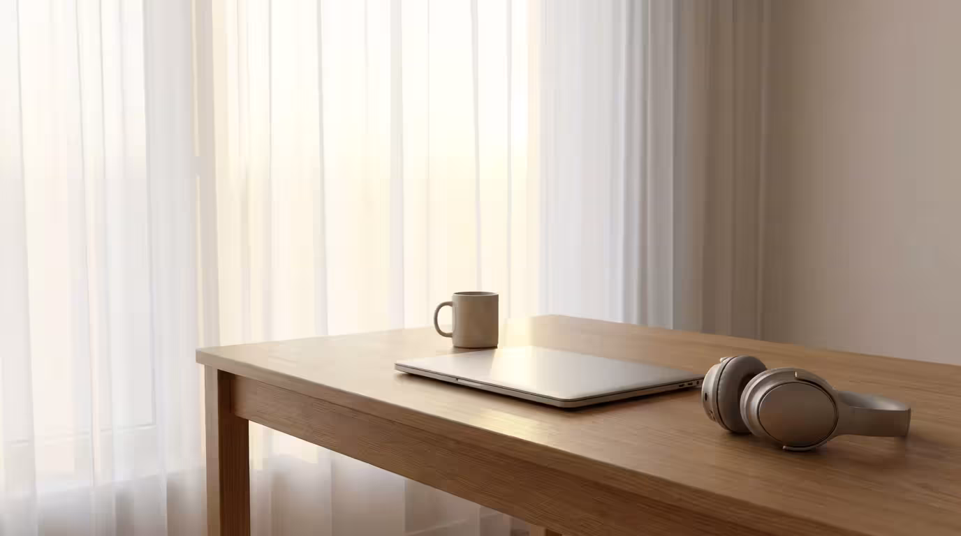 Minimalist desk setup with headphones near a window bathed in soft morning light.