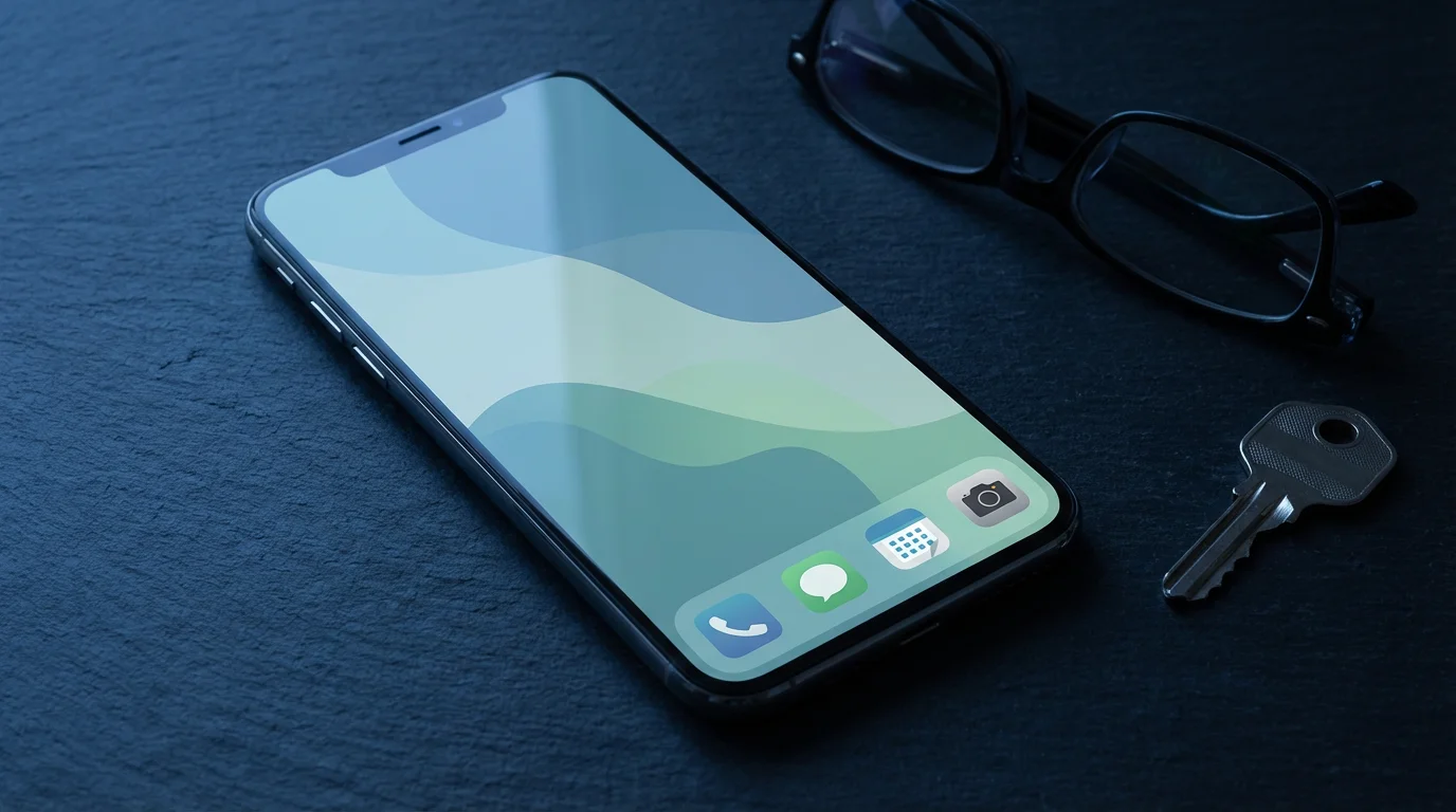 Minimalist smartphone home screen with four icons lying on a dark desk at blue hour.