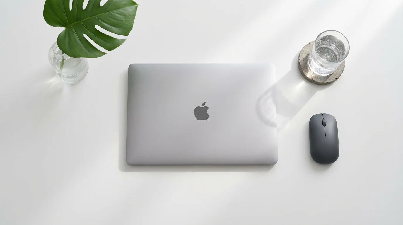 Minimalist white desk flat lay with closed laptop and plant for organized office.