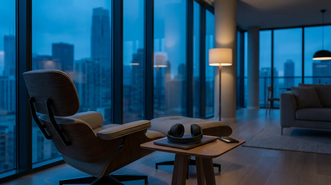 Modern apartment workspace at blue hour with headphones and closed laptop near window.
