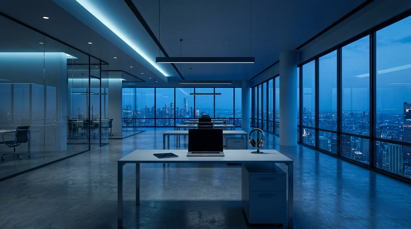 Modern empty corporate office at twilight with headphones on a desk symbolizing deep focus.