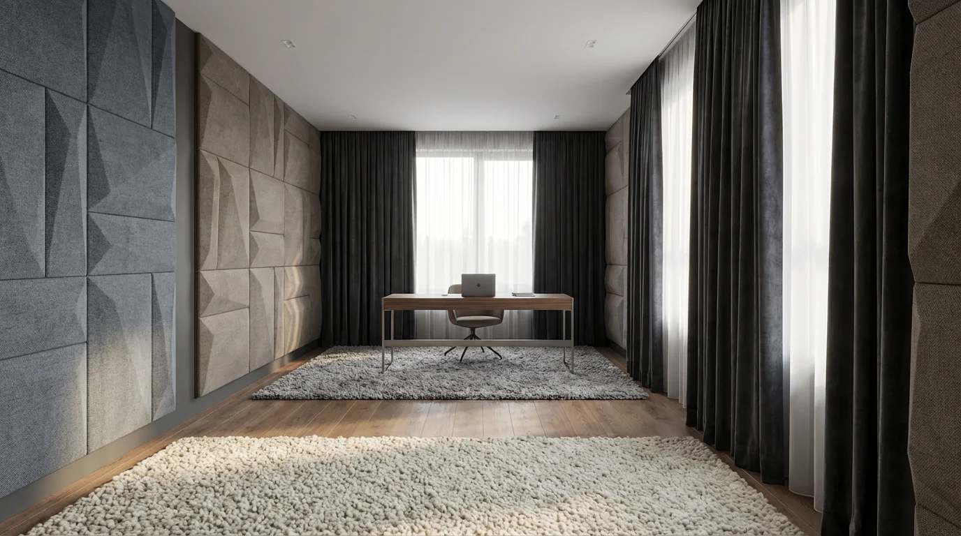 Modern home office featuring acoustic wall panels, thick rugs, and velvet curtains in soft light.