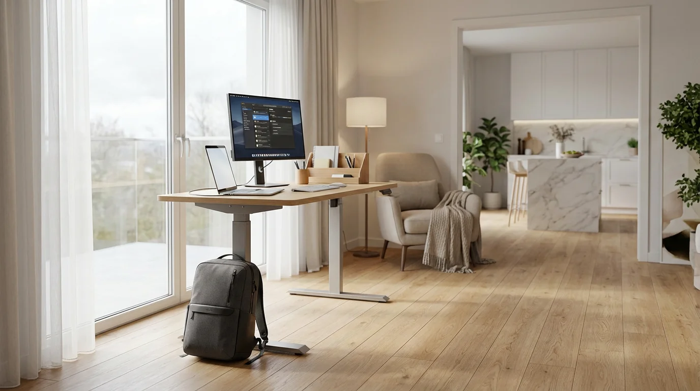 Modern home office setup with standing desk and backpack representing hybrid work flexibility.
