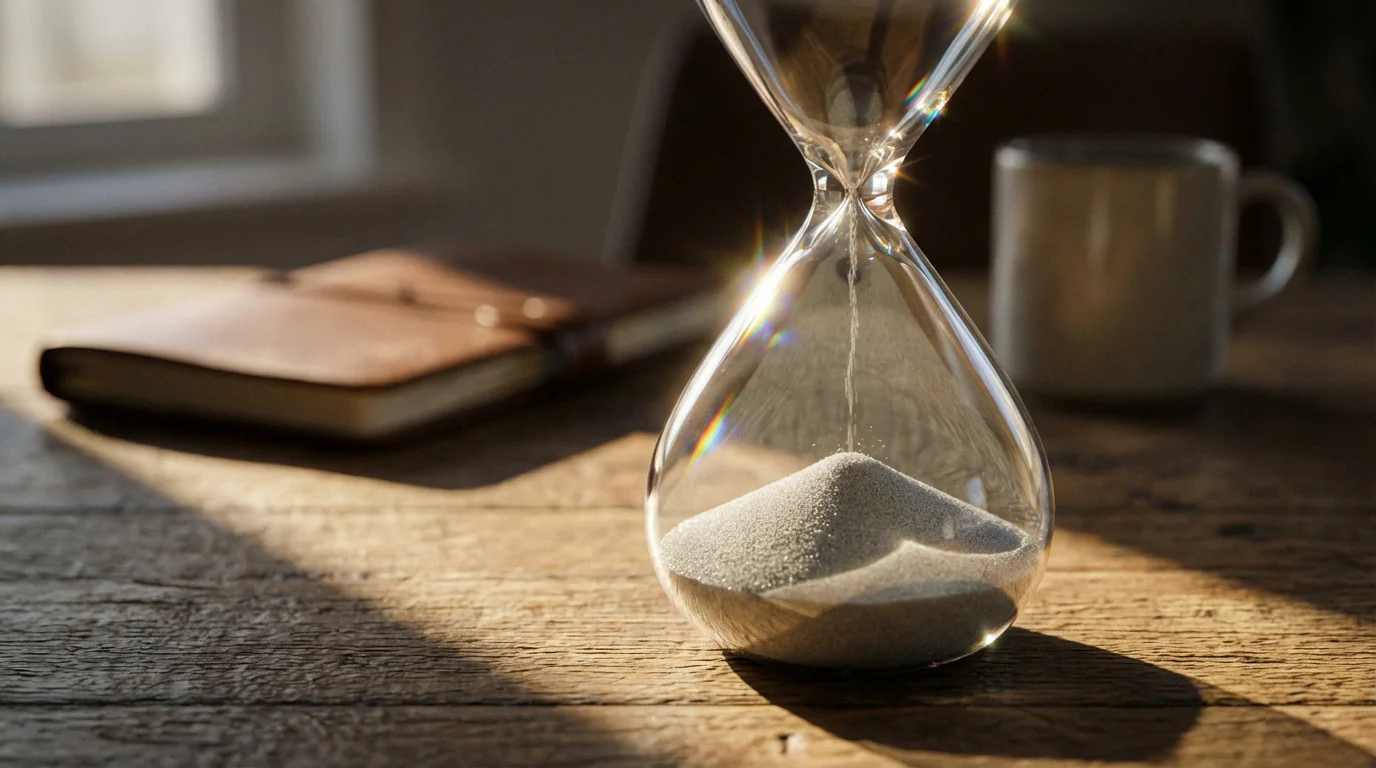Modern hourglass on a wooden desk with dramatic afternoon sunlight and shadows.