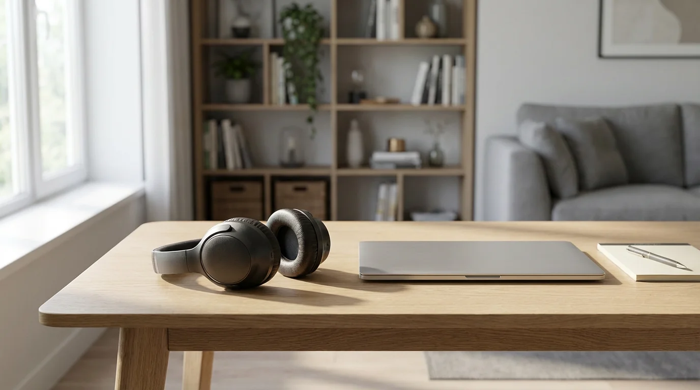 Noise-canceling headphones and laptop on a desk in a bright modern living room.