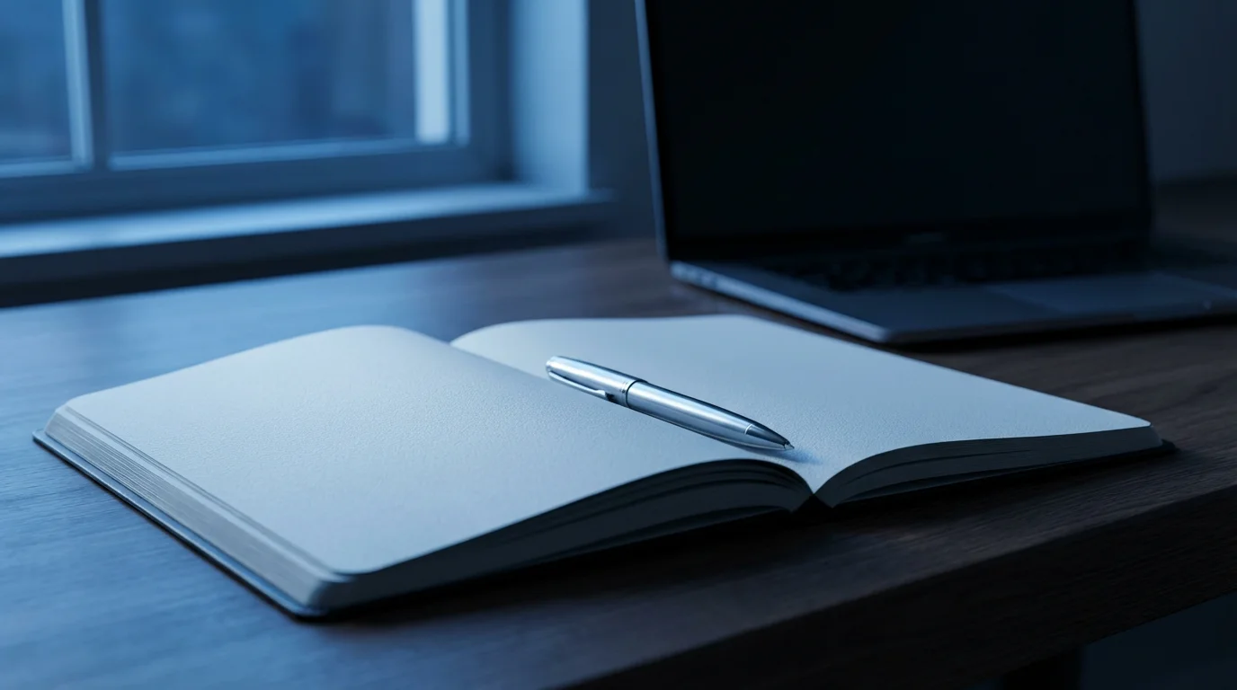 Open blank notebook and pen on a desk during evening blue hour lighting.