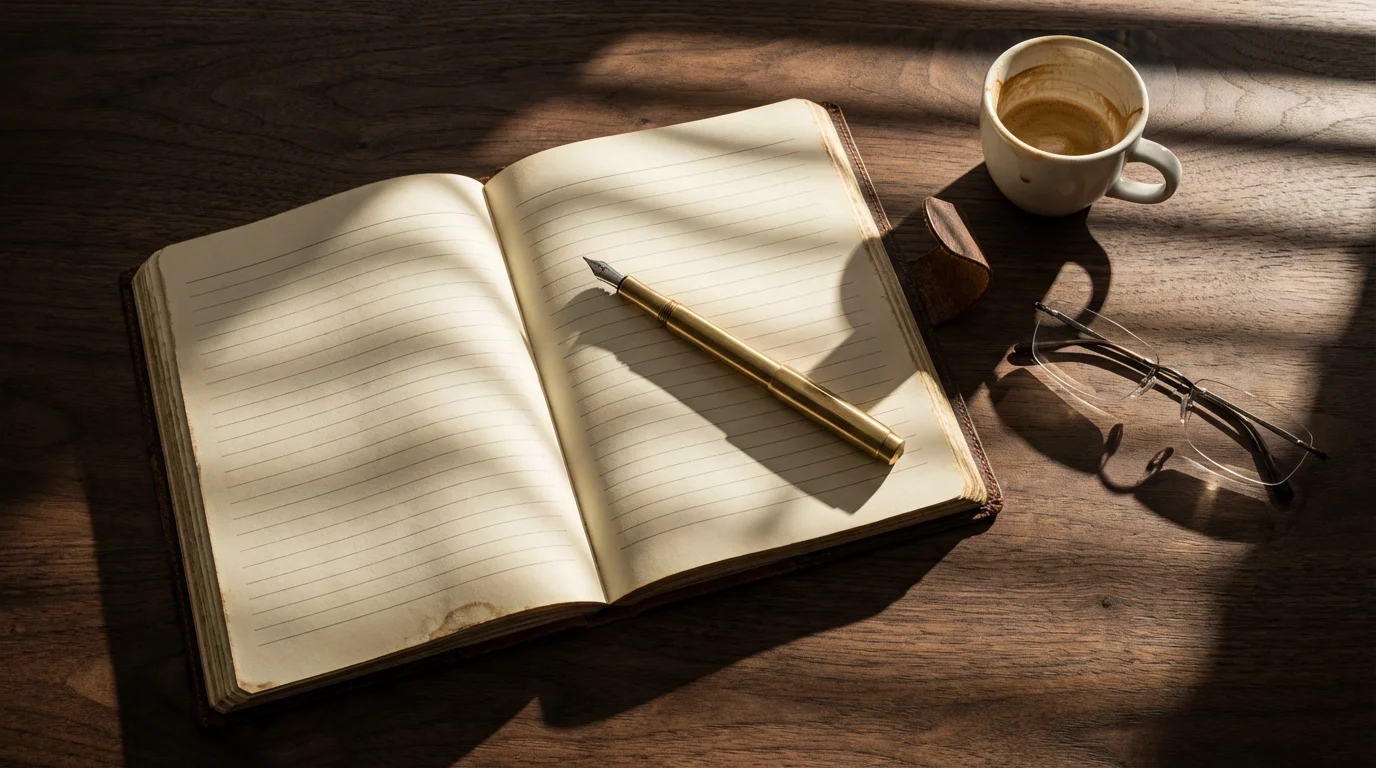 Open journal and fountain pen on a desk with moody afternoon shadows for weekly planning.