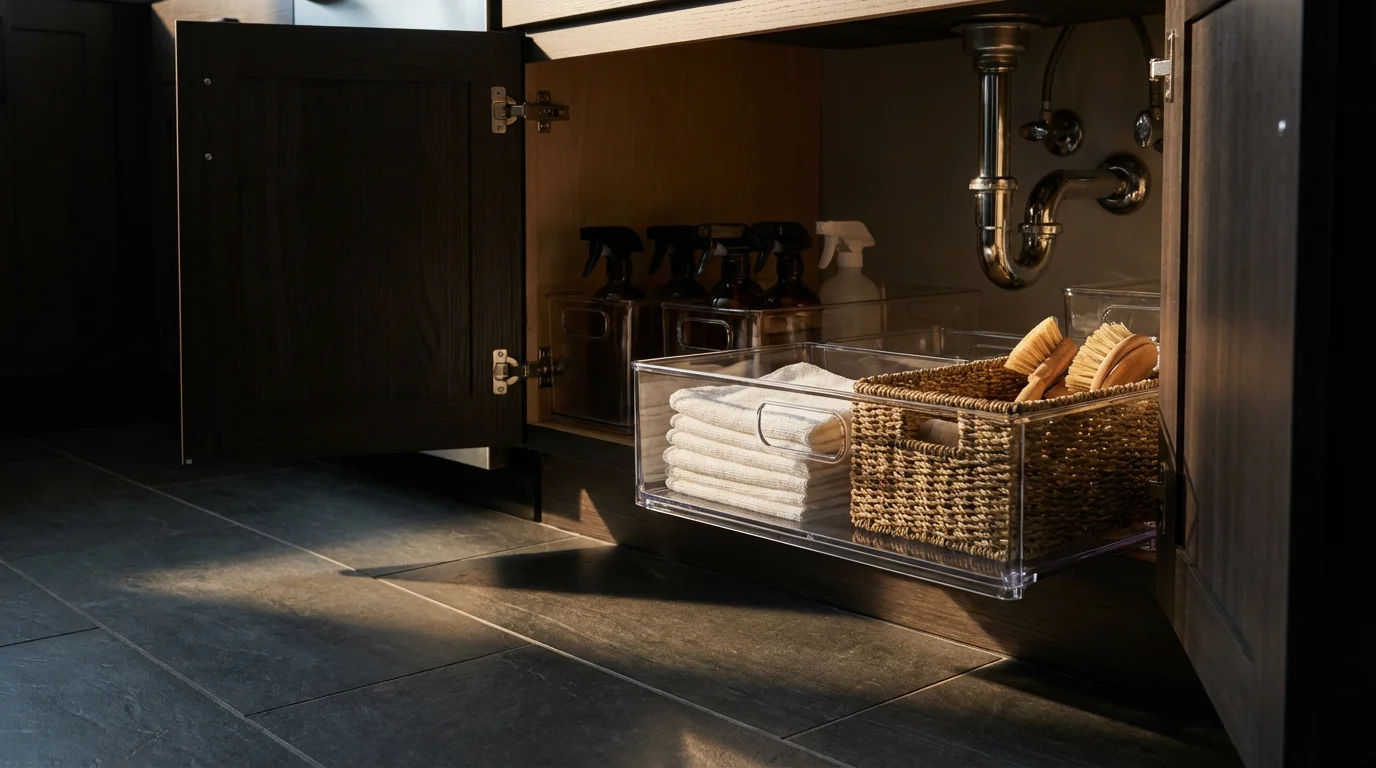 Organized under-sink cabinet with bins and amber bottles in moody afternoon lighting.