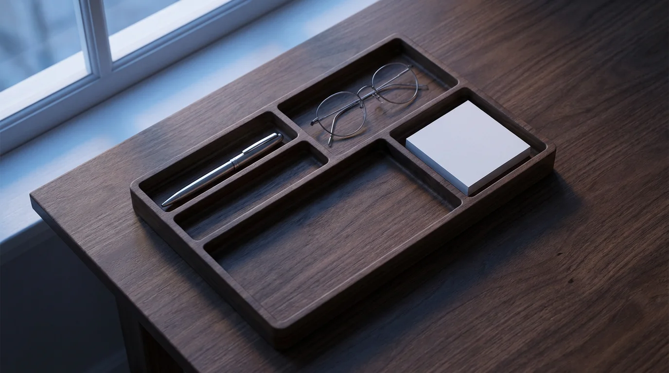 Organized valet tray with glasses and pen under cool blue evening lighting flat lay.