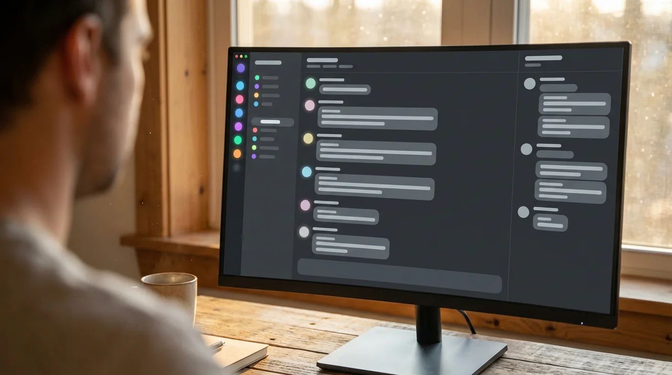 Over-the-shoulder view of a computer screen displaying an abstract, text-free messaging interface layout.