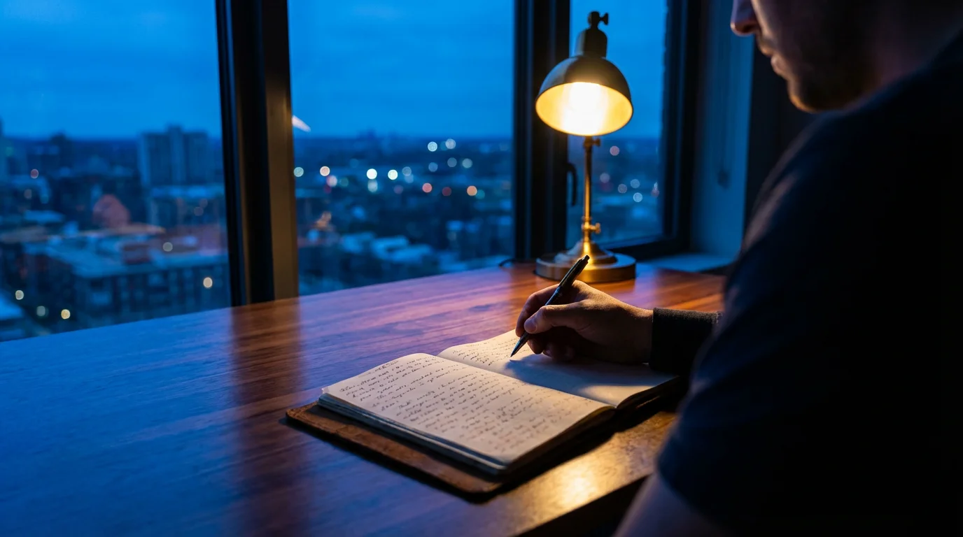 Over-the-shoulder view of a person journaling at a desk during evening blue hour.