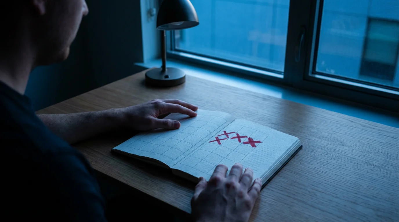 Over-the-shoulder view of a person reviewing a habit tracker planner during a blue hour evening.