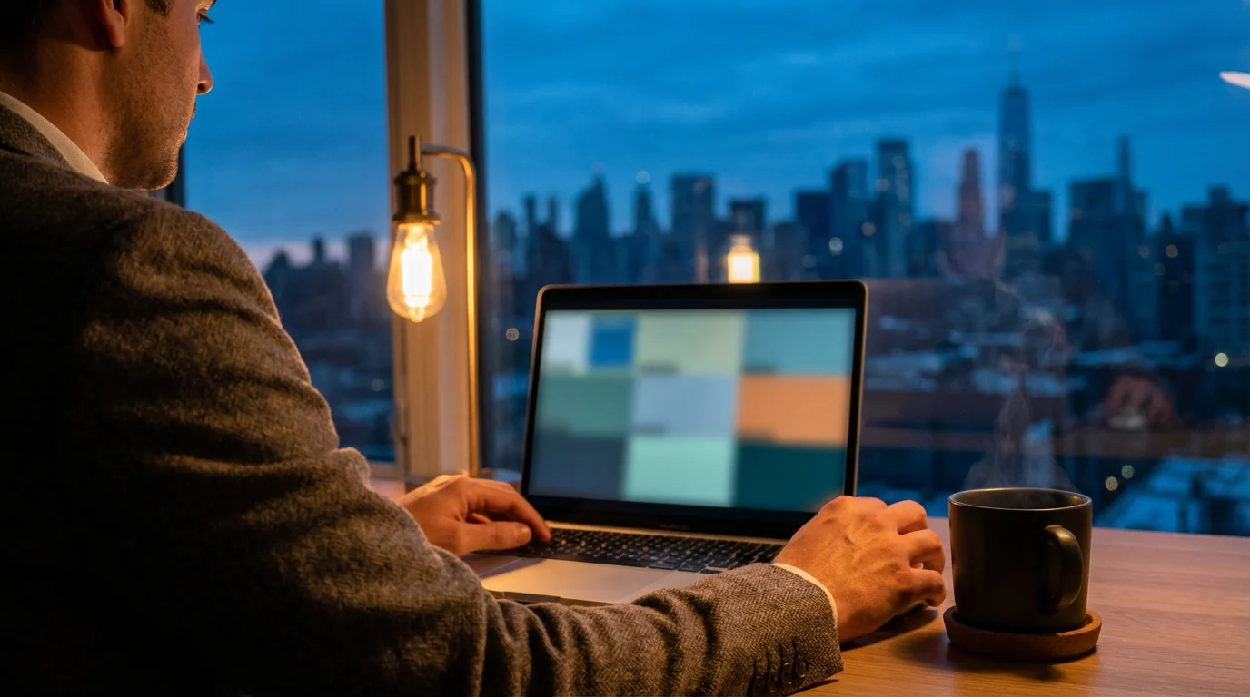 Over-the-shoulder view of a remote worker at a desk during blue hour evening.