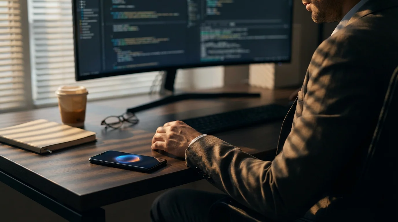 Over-the-shoulder view of a worker getting distracted by a phone notification.