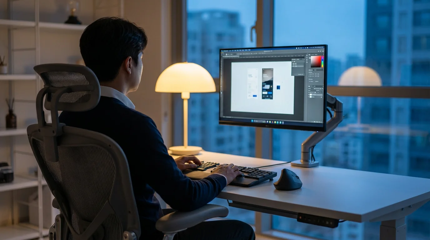 Over-the-shoulder view of an ergonomic workspace setup during blue hour evening.