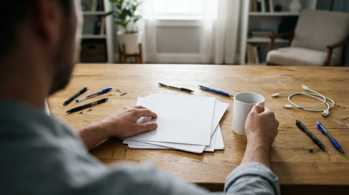Over-the-shoulder view of hands decluttering a messy desk in natural light.