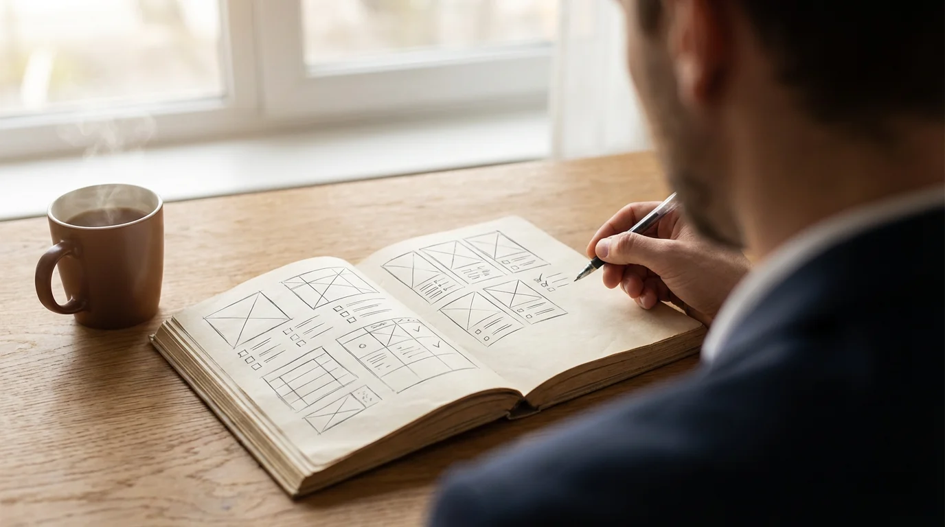 Over-the-shoulder view of person organizing tasks in a notebook with coffee in morning light.