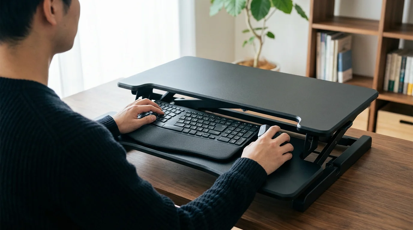 Over-the-shoulder view of person using a standing desk converter and ergonomic keyboard.