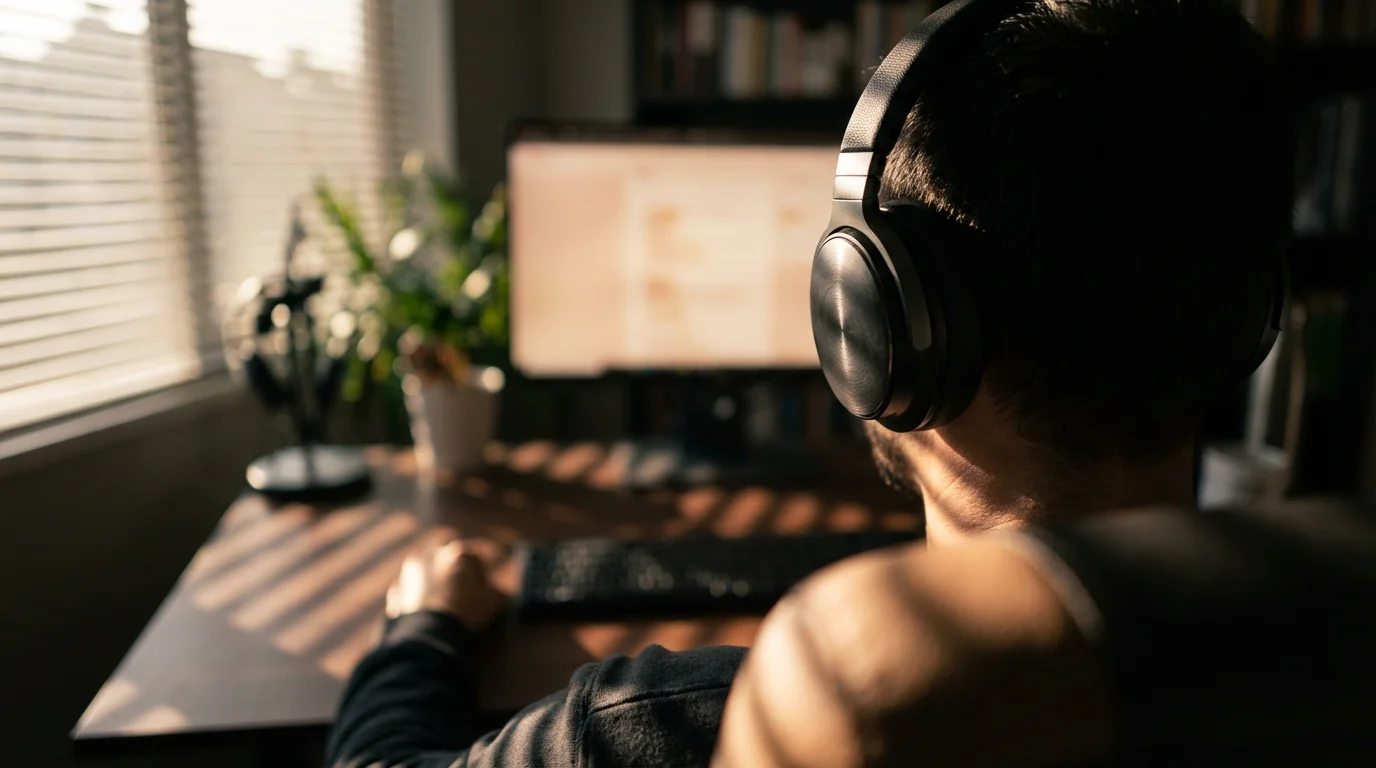 Over-the-shoulder view of person wearing headphones in a workspace with dramatic afternoon shadows.