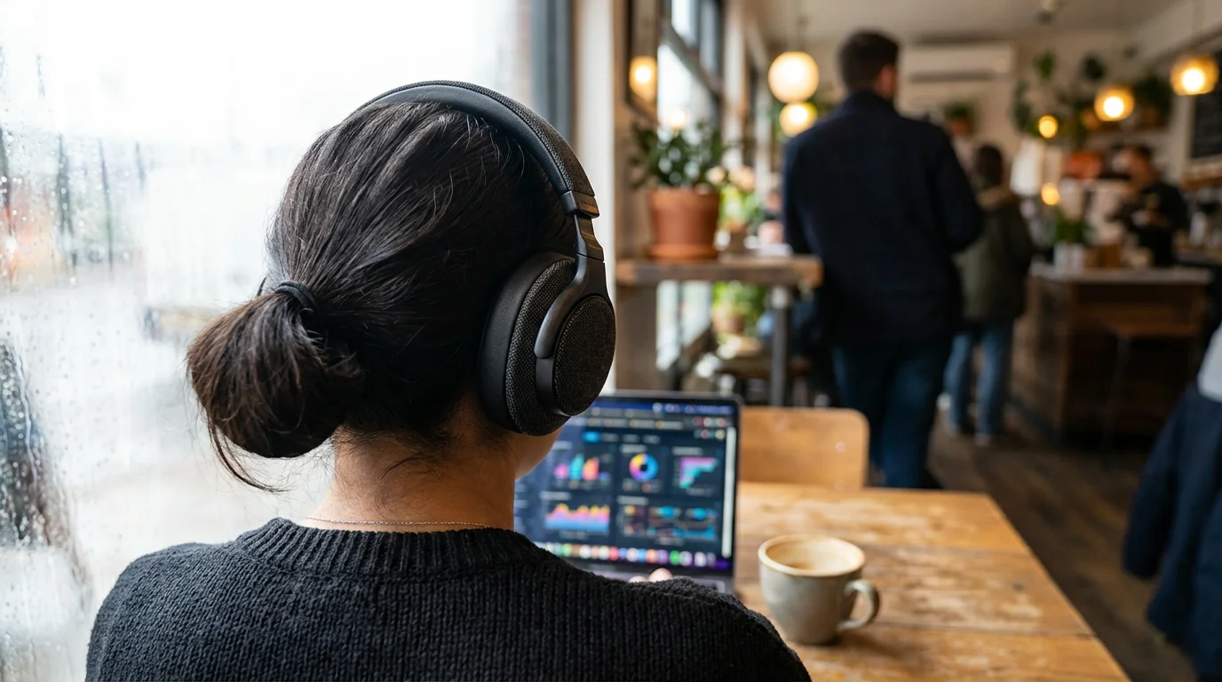 Over-the-shoulder view of person wearing headphones working on laptop in bright cafe.