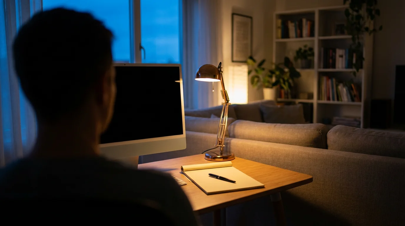 Over-the-shoulder view of someone working at a small, lit desk during the evening.
