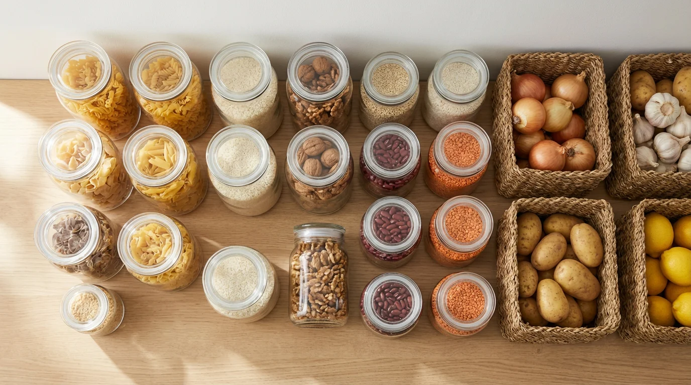 Overhead shot of organized glass pantry jars and baskets on a wooden surface.