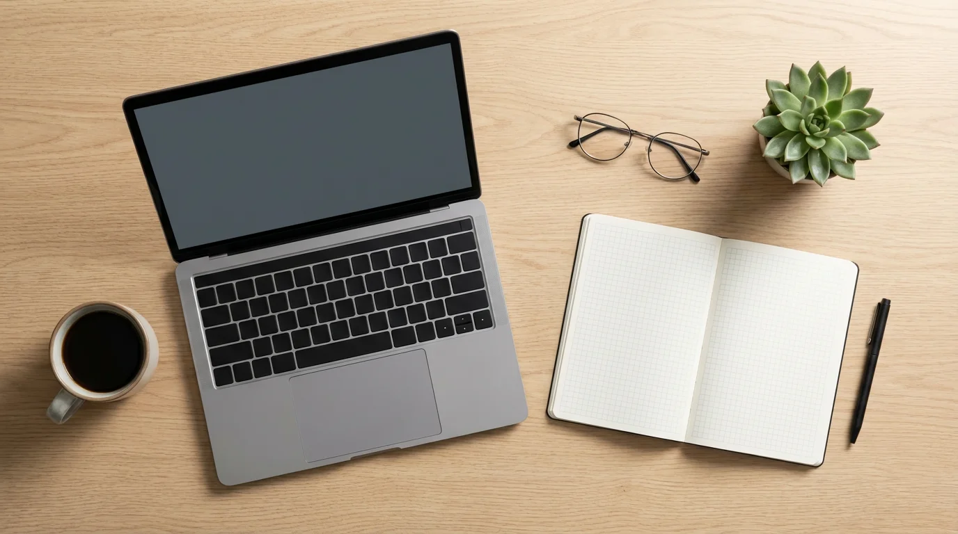 Overhead view of a minimalist freelance workspace with laptop and coffee in soft light.