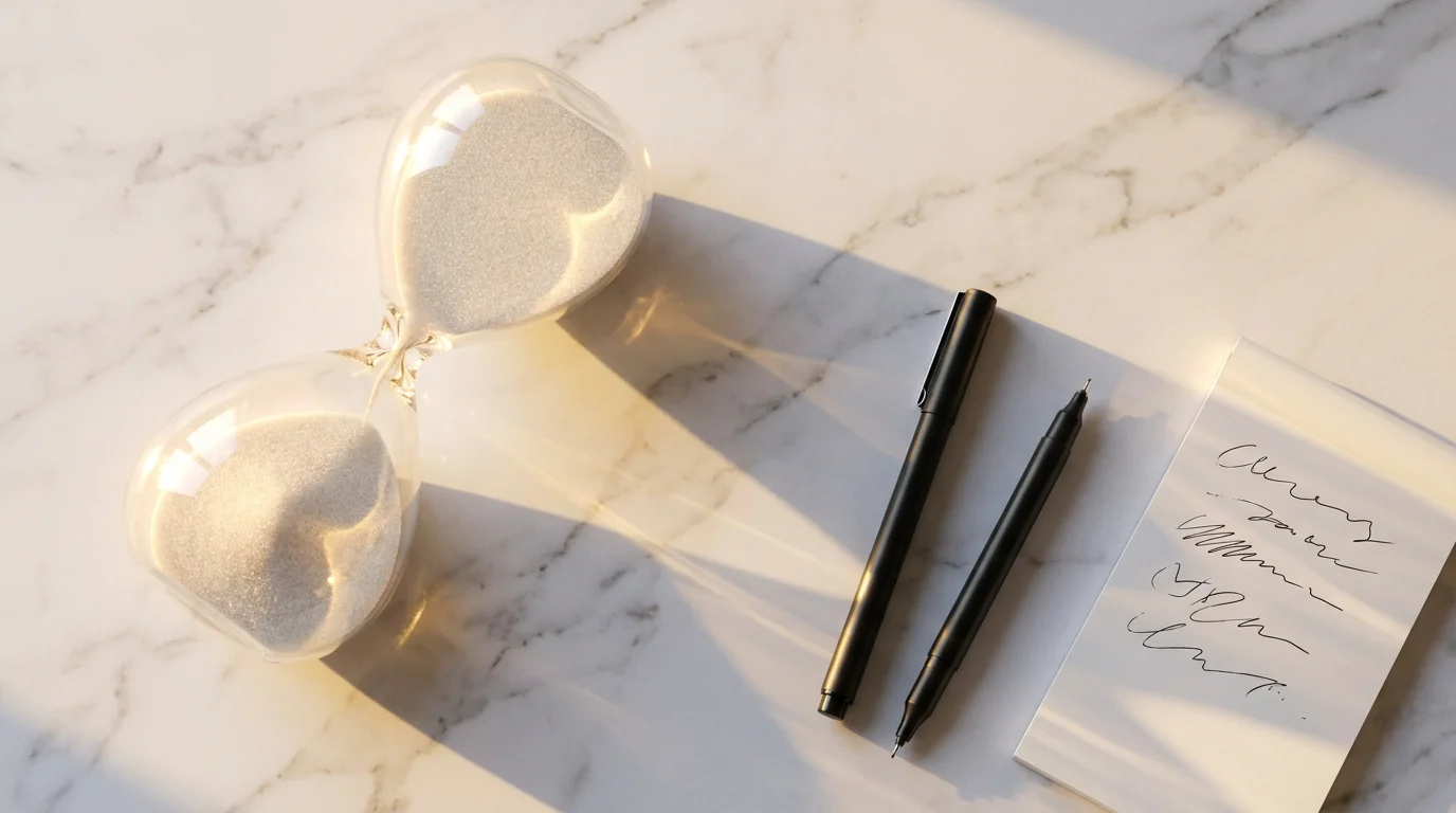 Overhead view of an hourglass and pen on a marble desk in golden sunlight.