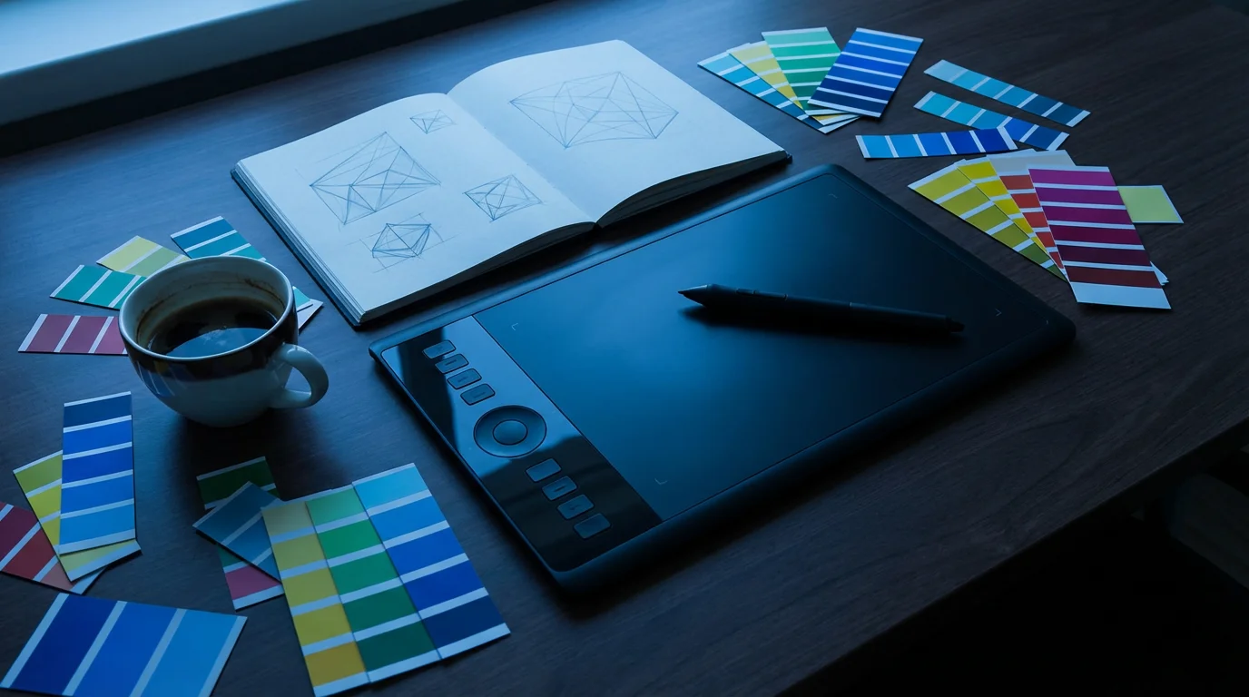 Overhead view of graphic design desk with tablet and color swatches in blue evening light.