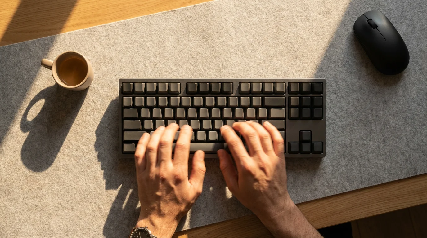Overhead view of hands typing on a minimalist keyboard during golden hour with mouse aside.