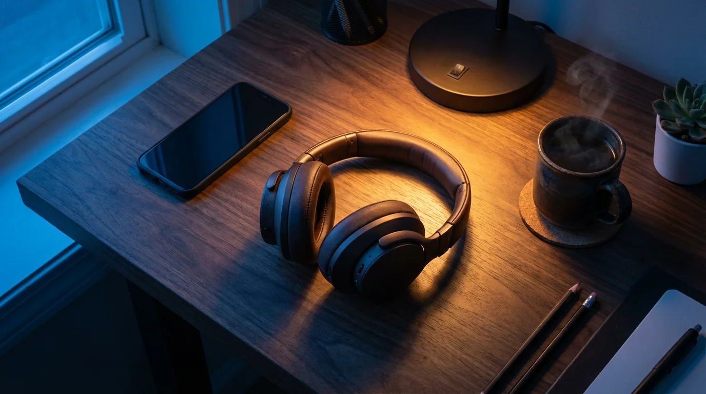 Overhead view of noise-canceling headphones and face-down phone on desk during blue hour.