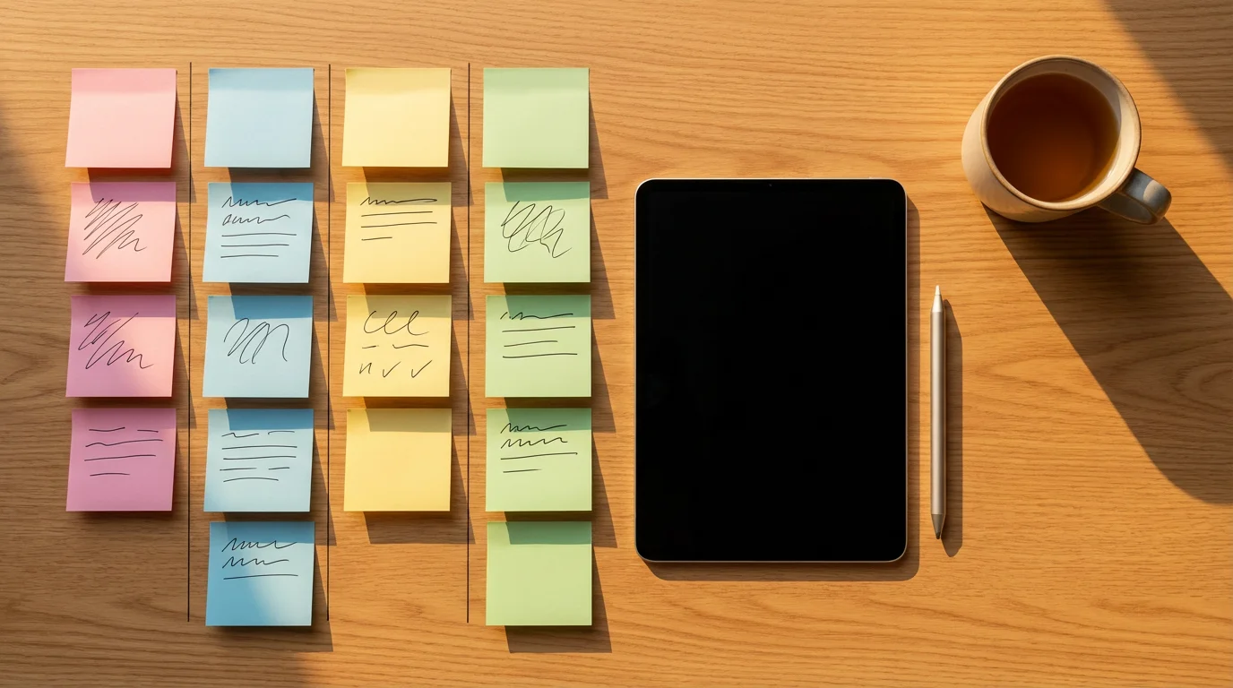 Overhead view of sticky notes arranged in columns on a wooden desk in sunlight.