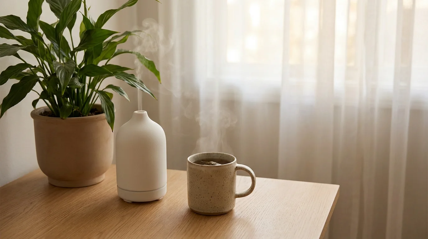 Peaceful workspace desk corner with potted plant, diffuser, and tea in soft morning light.