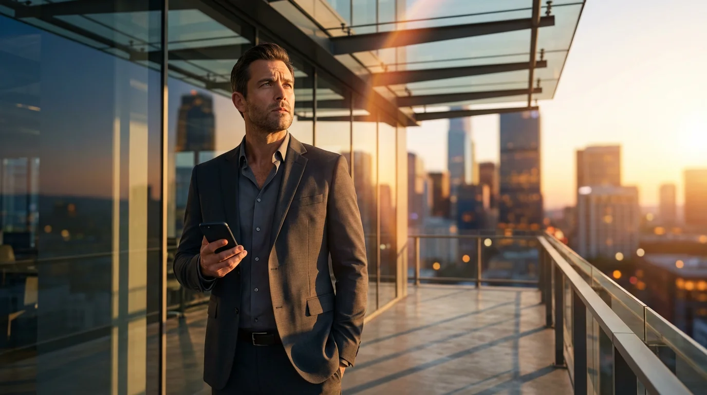 Pensive professional holding a smartphone near a window during golden hour sunset.