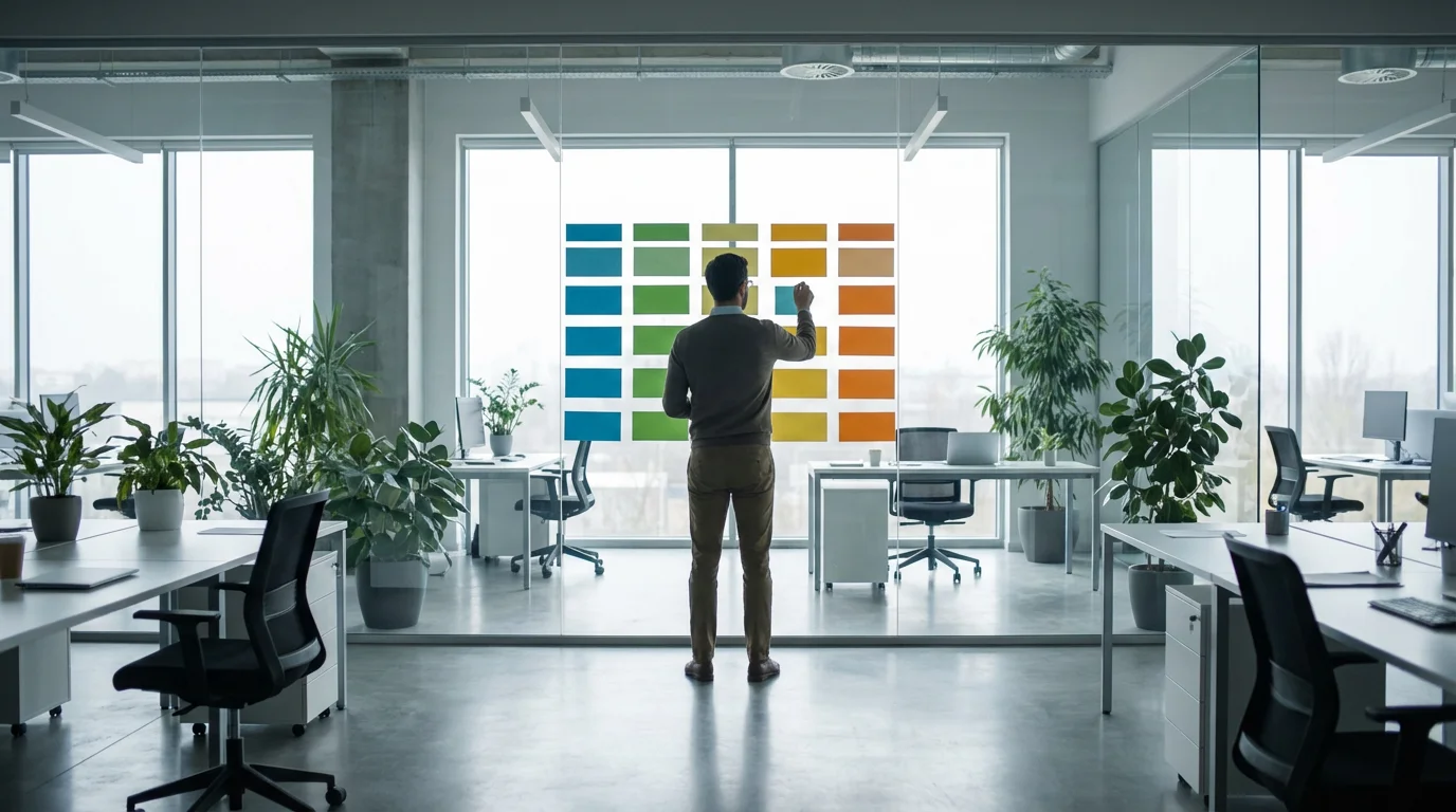 Person arranging colorful sticky notes on a glass office wall to represent timeboxing tasks.