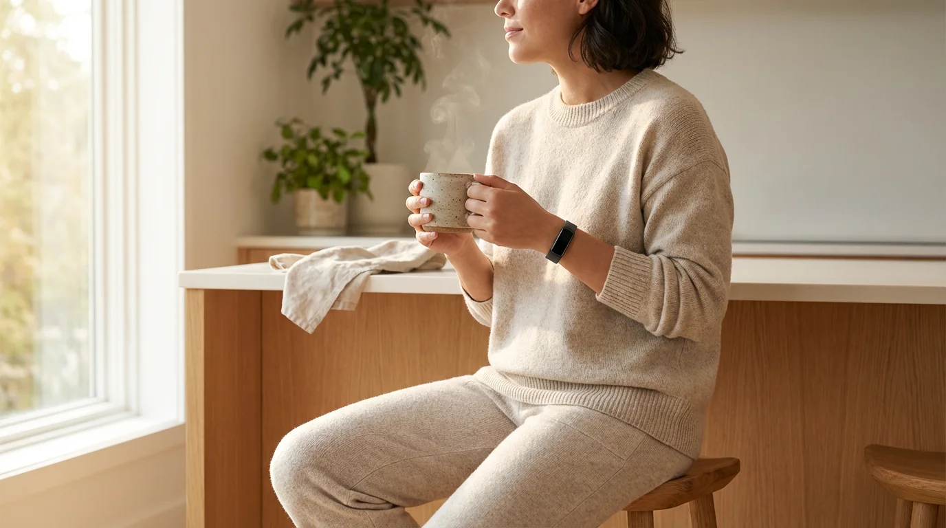 Person holding coffee mug and checking fitness tracker in a sunlit modern kitchen.