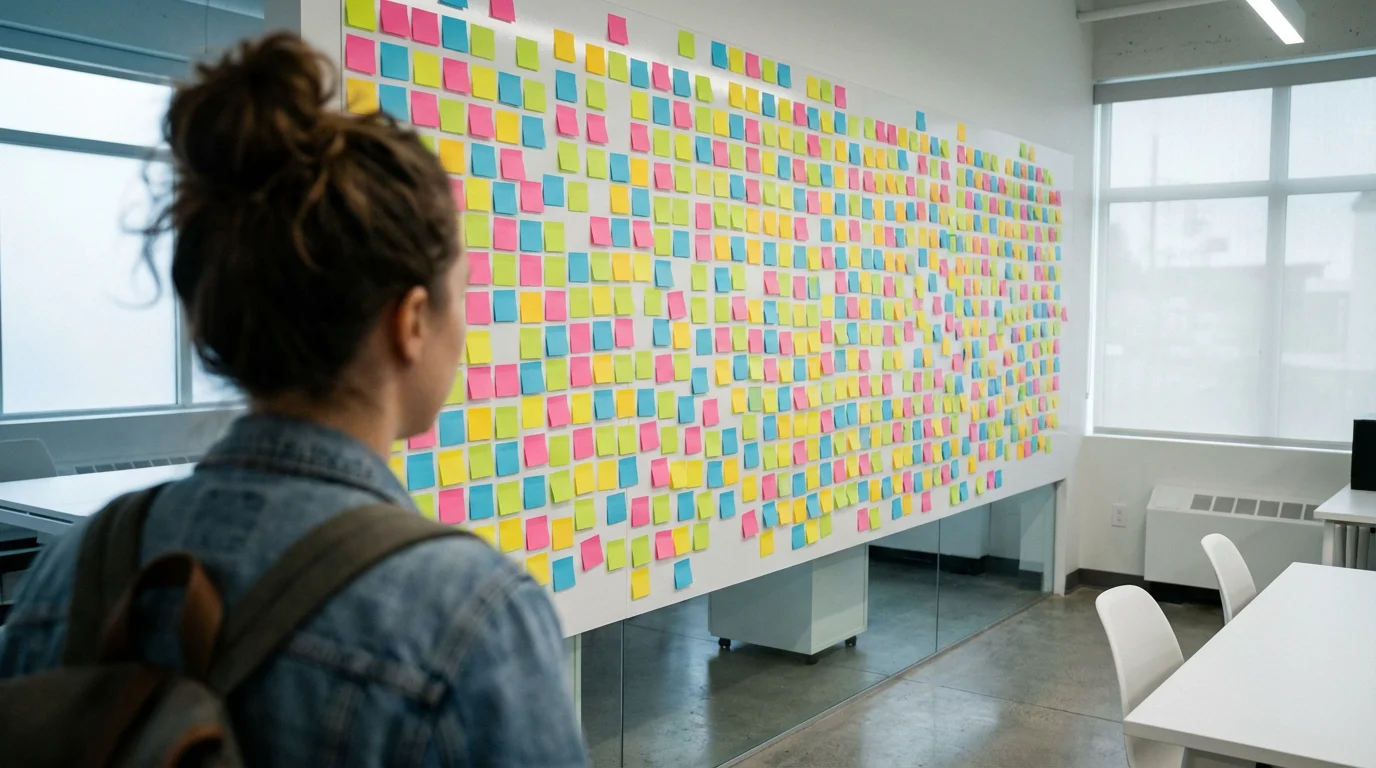 Person looking at a whiteboard covered in an overwhelming amount of blank color-coded sticky notes.