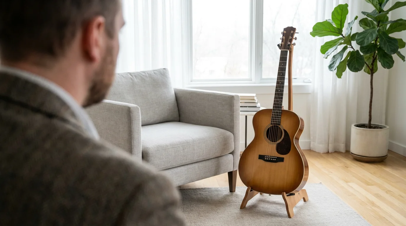 Person looking at an acoustic guitar placed prominently on a stand in a bright living room.