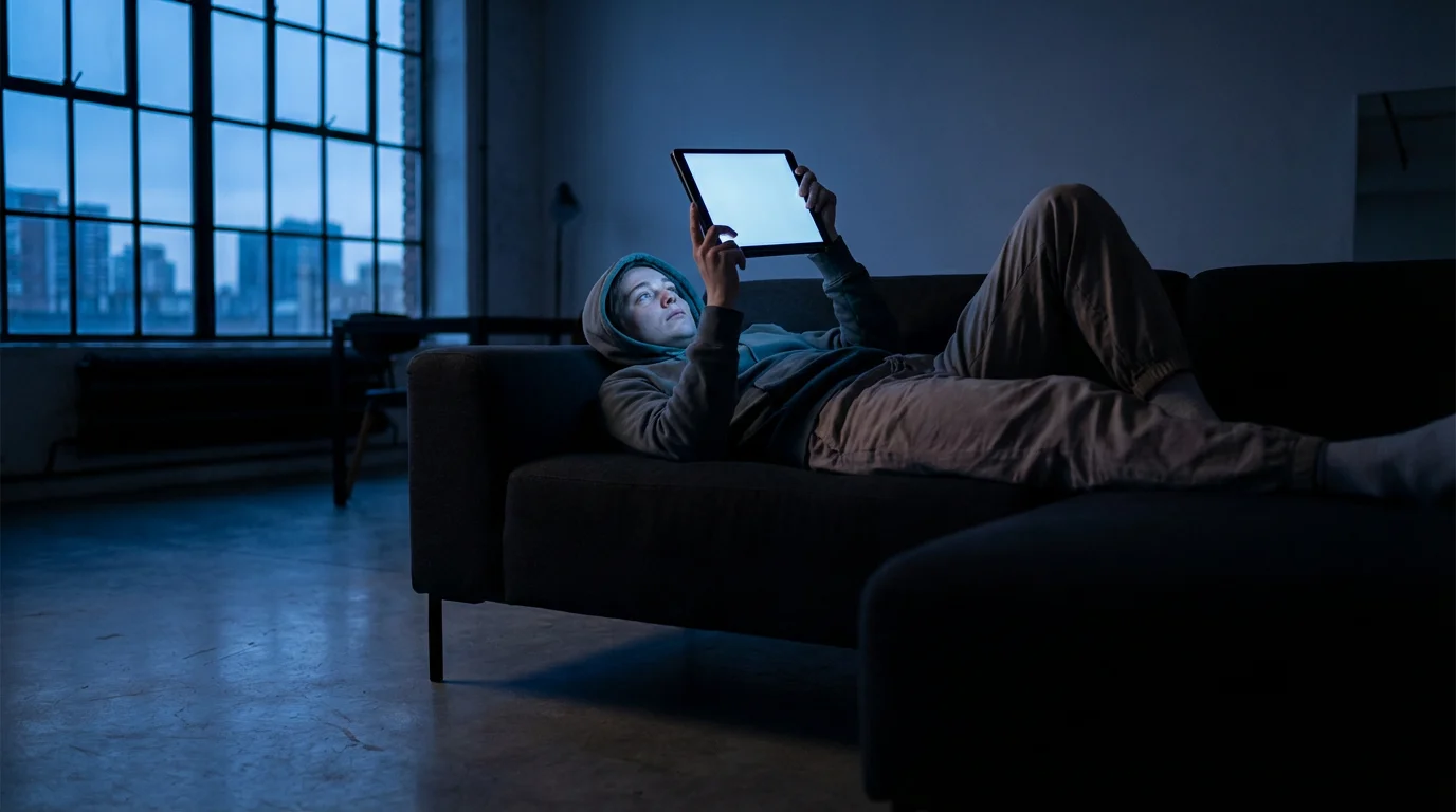 Person lounging on a sofa scrolling on a tablet during blue hour evening light.