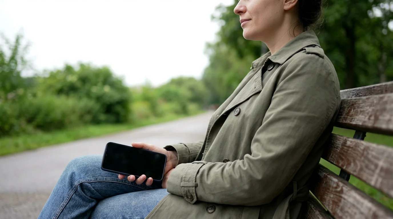 Person on park bench holding phone loosely, looking away thoughtfully with a calm expression.
