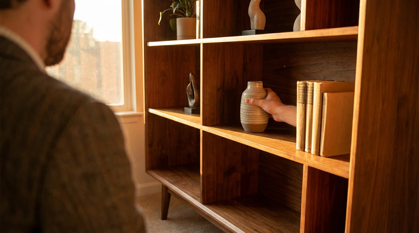 Person organizing a minimalist wooden bookshelf in warm golden hour lighting.