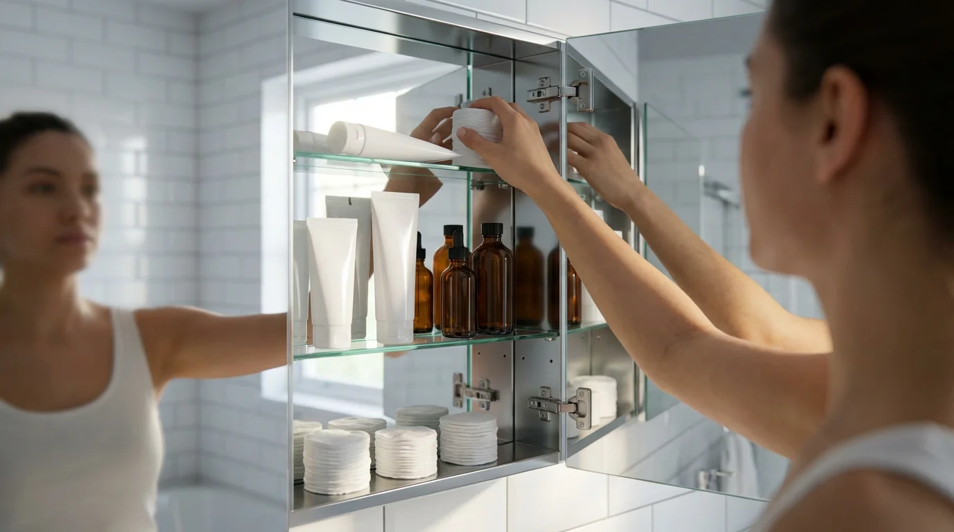 Person organizing a tidy medicine cabinet with unbranded toiletries in a bright bathroom.