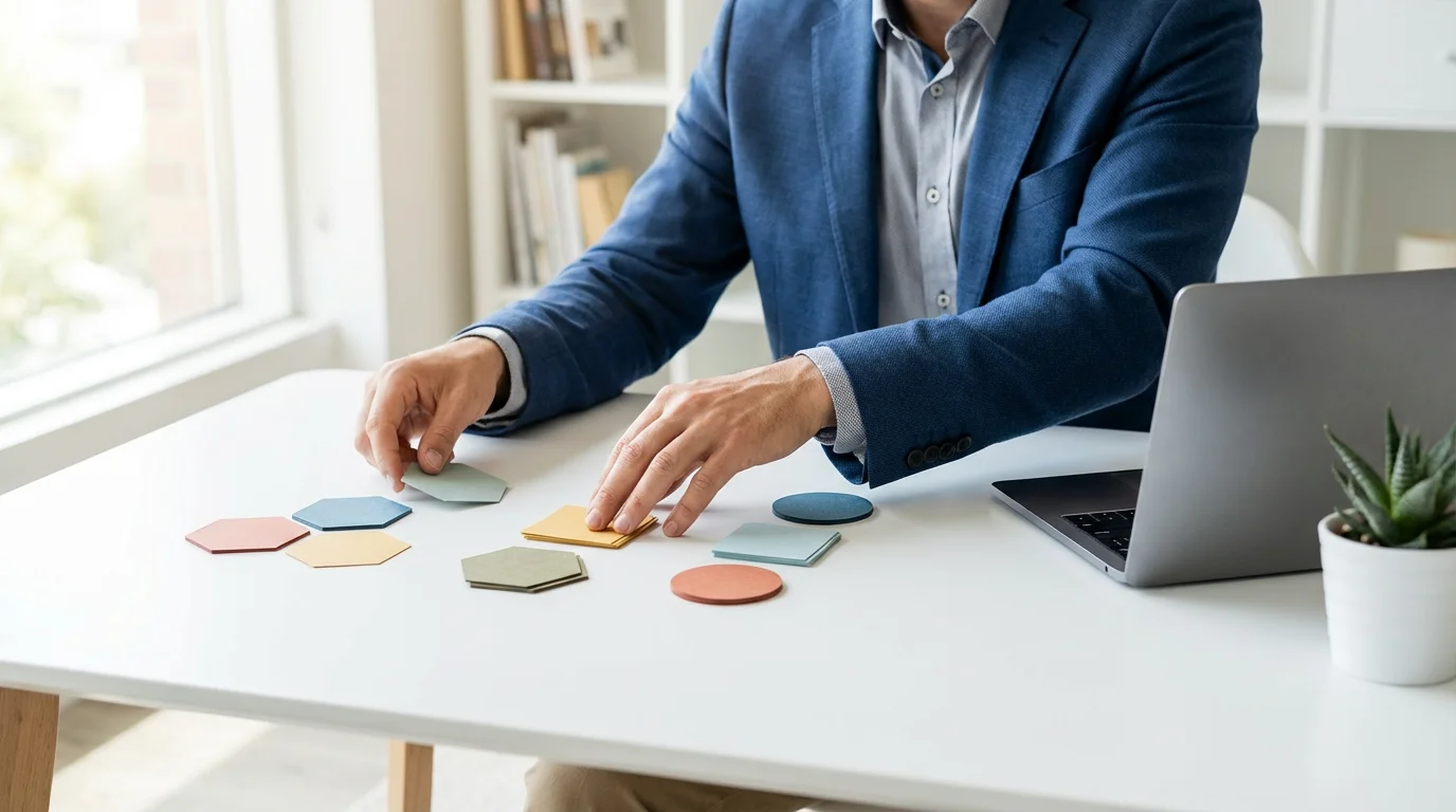 Person organizing blank colored cards at a desk to prioritize tasks during energy peaks.