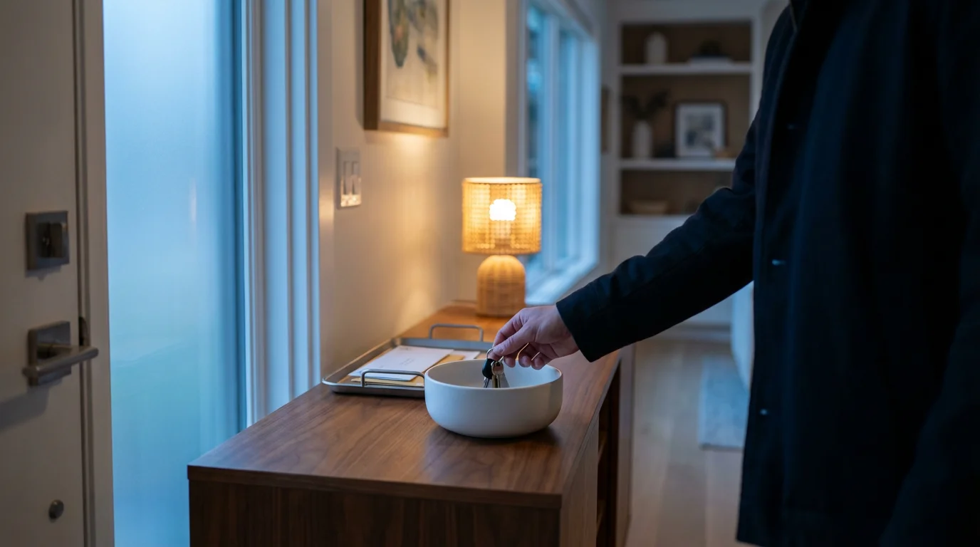 Person organizing keys on a tidy entryway console table during blue hour evening.